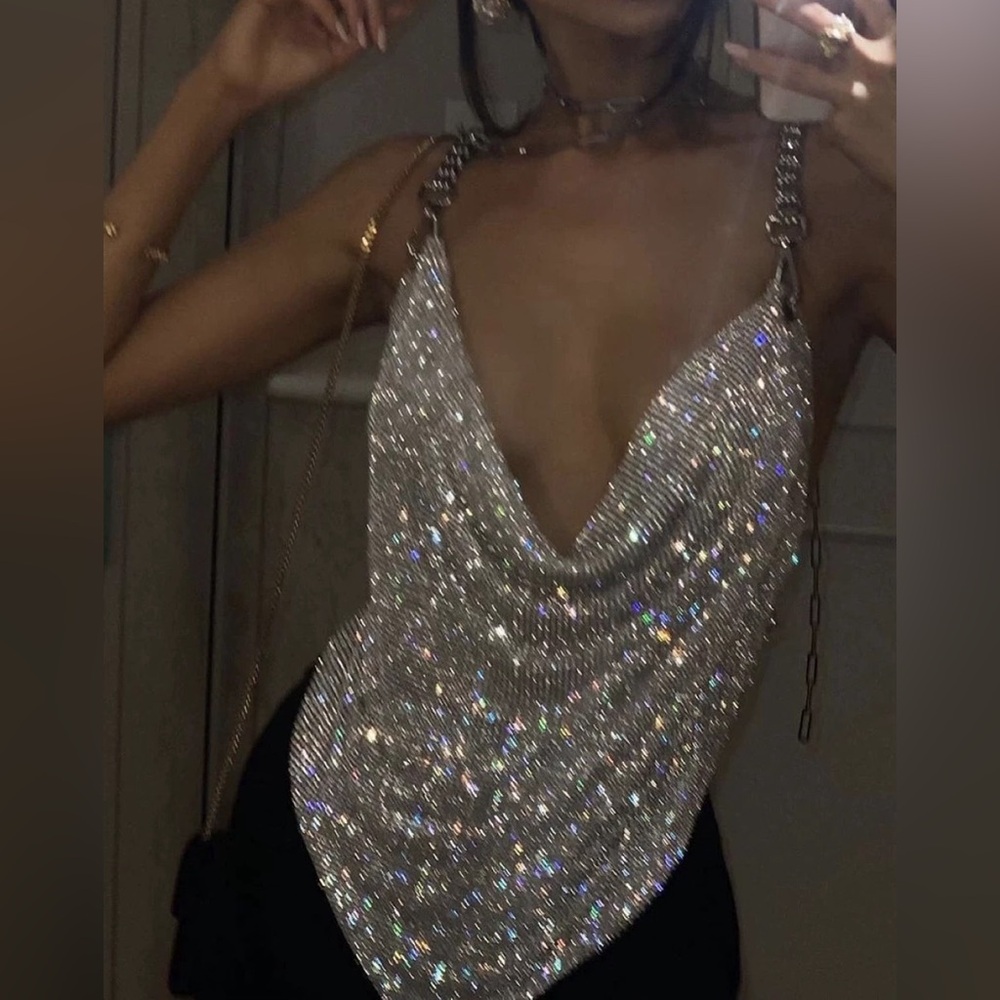 SPARKLY Crystal mesh chain halter top